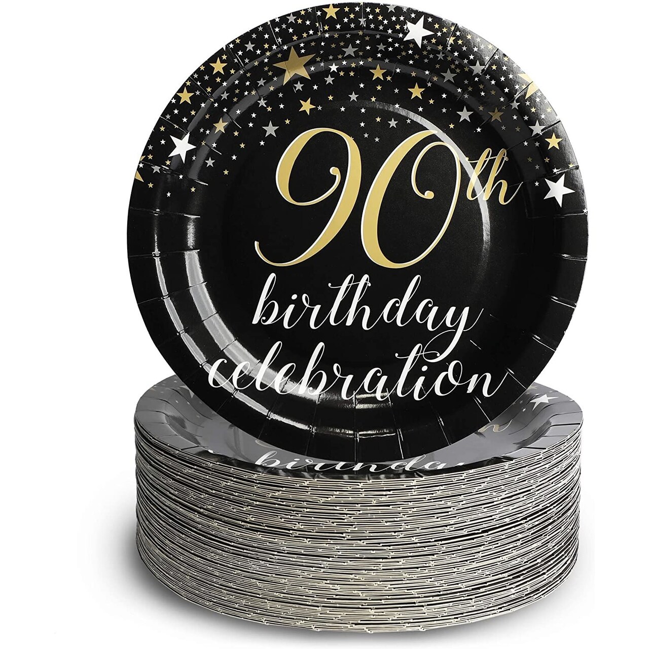 80-Pack 90th Birthday Party Paper Plates with Gold Foil (9 in)